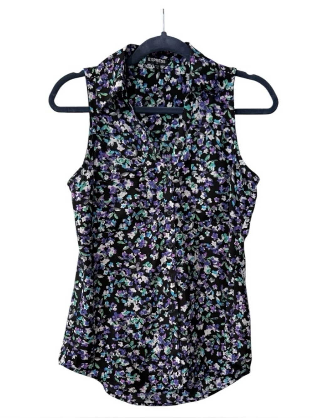 Express women’s XSP button up sleeveless floral black, purple, blue & green top